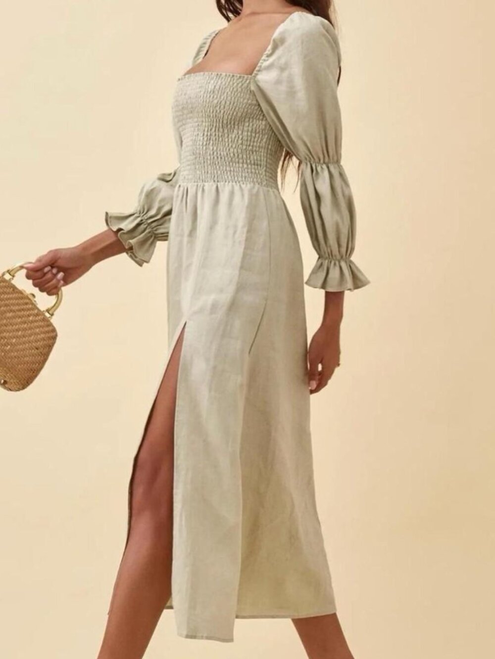 Reformation Hyland Linen Dress Dried Herbs Sage Green XS